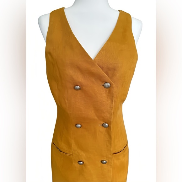 Sàke Vintage Mustard Yellow Linen Dress Sz 8 Lined Double-Breasted Sleeveless - Picture 4 of 8